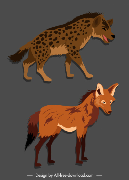 espécies caninas selvagens ícones hyena fox esboço