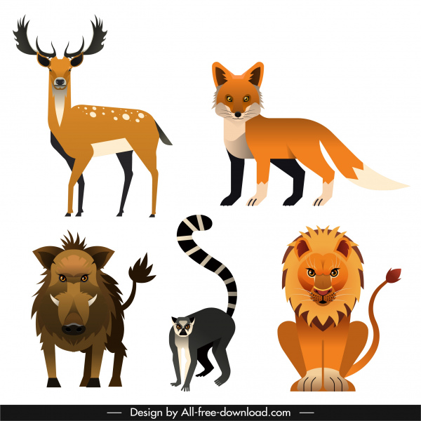 animaux herbivore de carnivore sauvage icônes colorées croquis classique