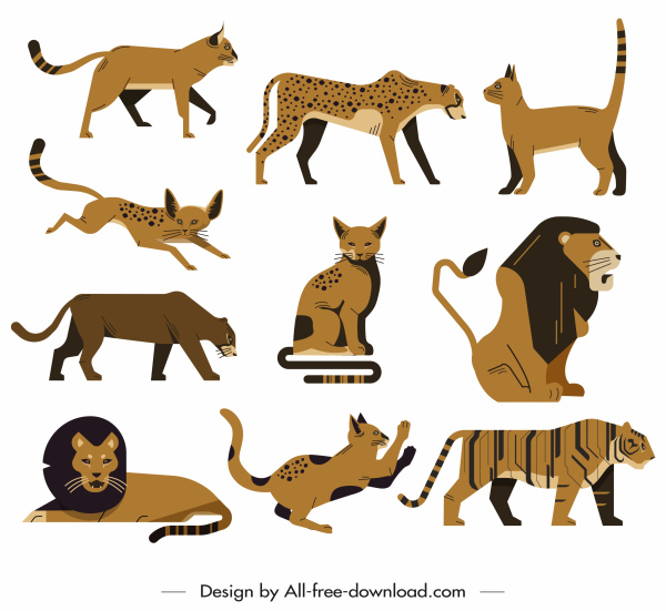 animales felinos salvajes iconos clásicos boceto plano