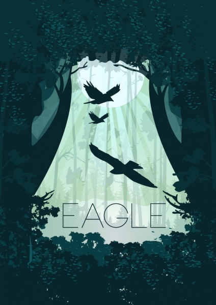Wild Forest background Eagle siluetas Arbol Sol iconos