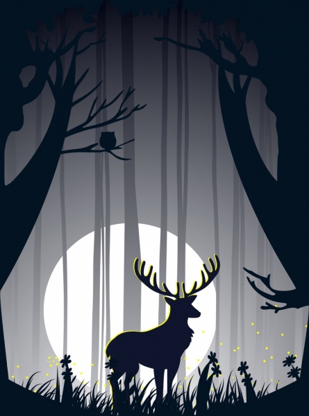 野生森林背景月光驯鹿剪影剪影风格