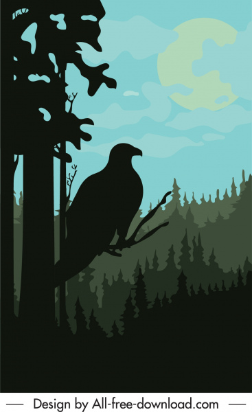 scena foresta selvaggia pittura scura silhouette aquila schizzo