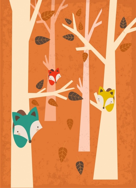 raposas selvagens extraindo ícones de árvore decoração projeto retrô