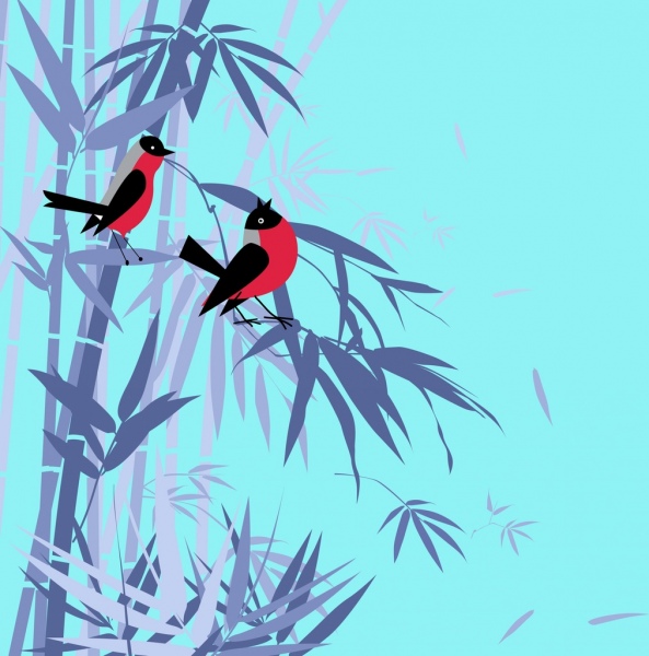 vida selvagem fundo violeta bambu pássaro ícones decoração