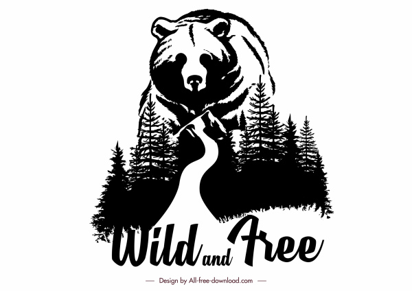 vida selvagem bandeira urso floresta esboço preto branco clássico