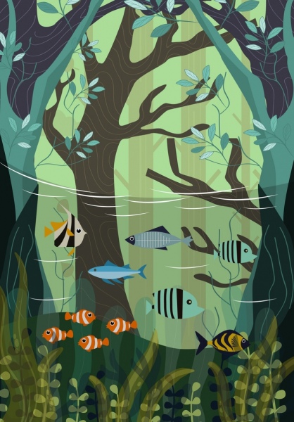 vida salvaje dibujo peces mar bosque iconos diseño clásico
