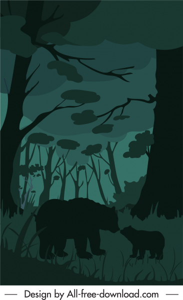 ภาพวาดชีวิตป่าหมีป่าร่างการออกแบบที่มืดมิด
