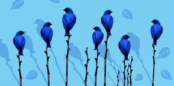 wild life dipinto blue arredamento uccelli alberi icone