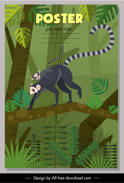 kehidupan liar poster lemur catta sketsa warna-warni klasik