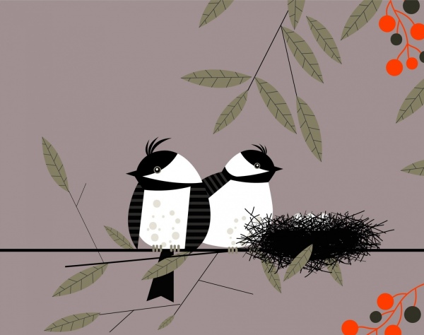 野生自然背景鸟巢图标彩色的卡通