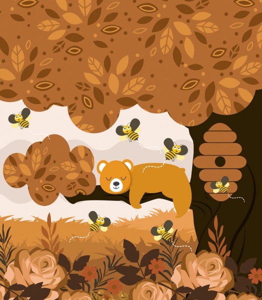 la natura selvaggia sfondo marrone design orso api icone