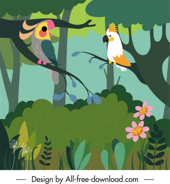 야생 자연 배경 다채로운 앵무새 정글 스케치