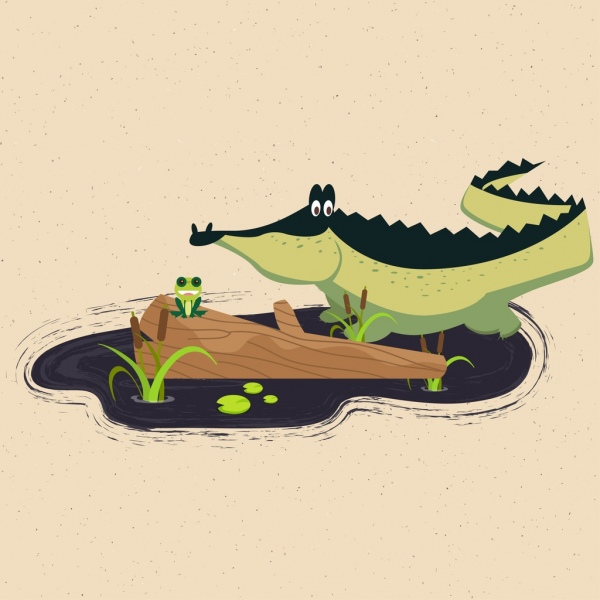 Biểu tượng thiên nhiên hoang dã cá sấu con ếch màu nền hoạt hình.
