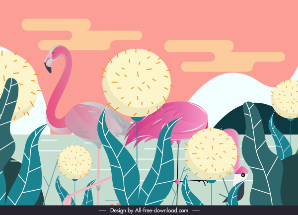 fundo natureza selvagem flamingo esboço de dente-de-leão
