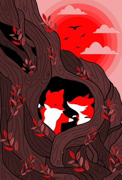 野生的自然背景的狐狸红太阳卡通设计