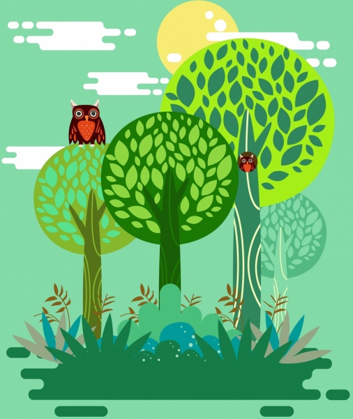 icônes de chouettes des arbres vert fond nature sauvage