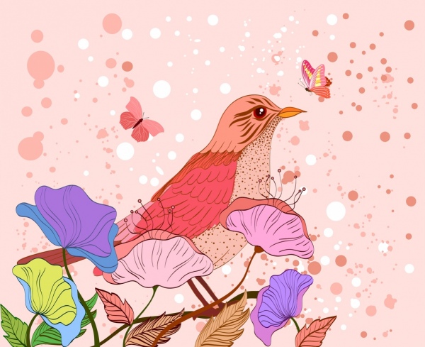 Дикая природа фон розовый птиц бабочки листьев значки
