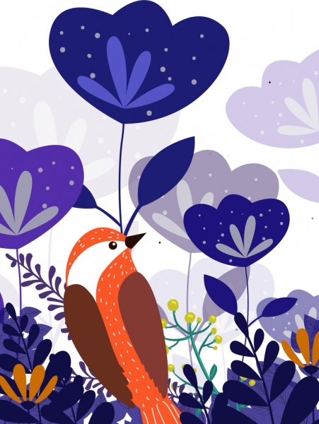 野生自然背景的紫色花鸟图标装饰