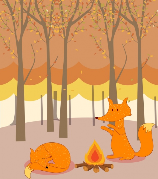 ícones de raposa de plano de fundo estilizado de natureza selvagem dos desenhos animados da decoração