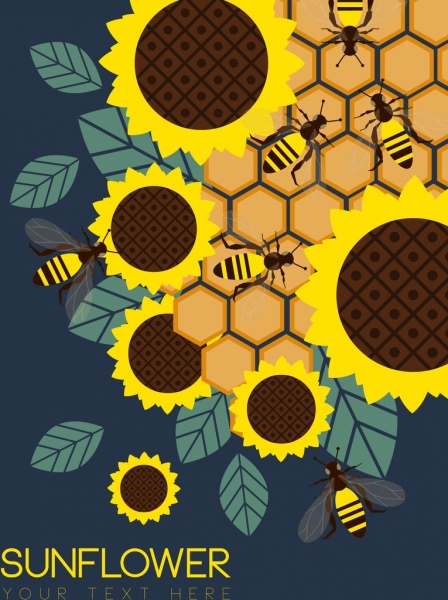 natureza selvagem fundo girassol abelha pente ícones decoração