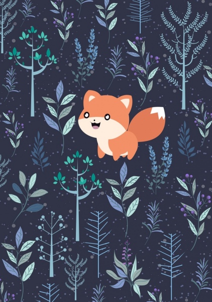 背景の木は野生の自然 fox アイコン漫画デザイン