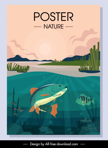البرية شعار الطبيعة الأسماك مدرسة رسم الكلاسيكية الملونة