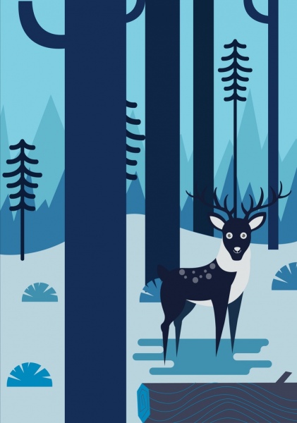 Dibujo de paisaje de naturaleza salvaje azul oscuro icono de renos