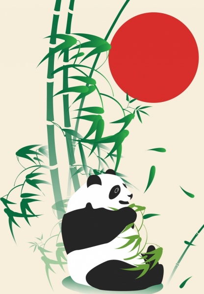 野性のパンダ竹赤い太陽装飾を描画