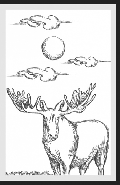 natureza selvagem renas sol nuvem handdrawn esboço de desenho