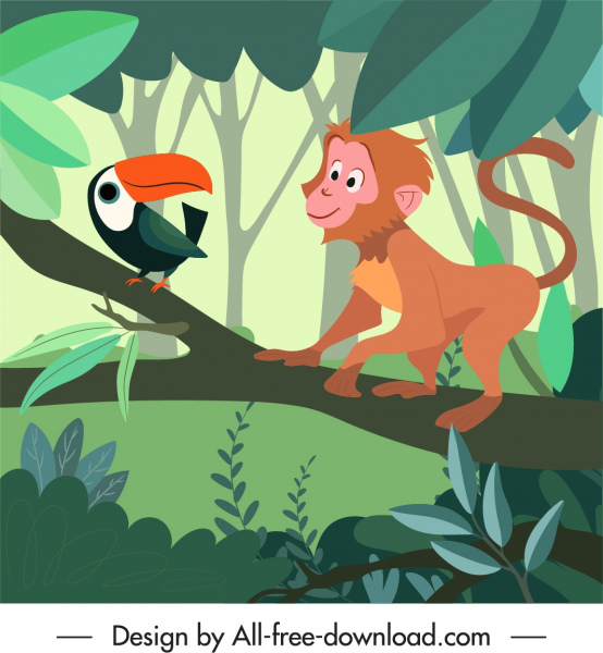 naturaleza salvaje pintura pájaro mono boceto diseño de dibujos animados