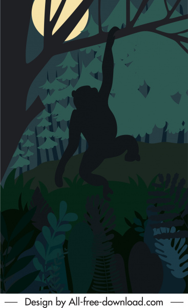 ธรรมชาติป่าภาพวาดร่างลิงคืนมืด