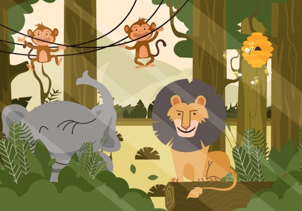 الطبيعة البرية اللوحة رموز الحيوانات في الغابات تصميم الرسوم المتحركة