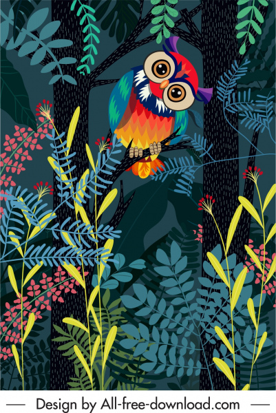 野生自然繪畫貓頭鷹叢林素描彩色卡通