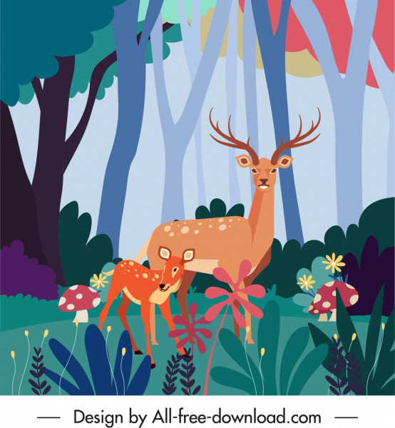 дикая природа картина оленей красочные растения эскиз-Векторные  завод-свободный вектор Скачать бесплатно