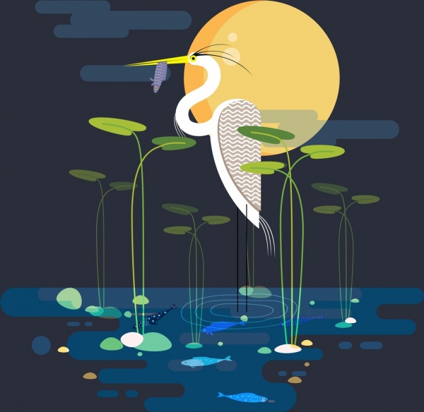 natura selvaggia pittura laghetto cicogna icone al chiaro di luna