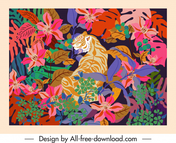 野生の自然絵画トラの花屋装飾クラシックデザイン