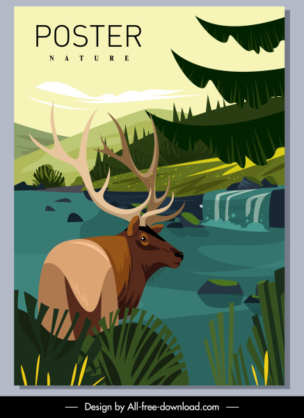 nature sauvage affiche de renne lac croquis dessin animé conception