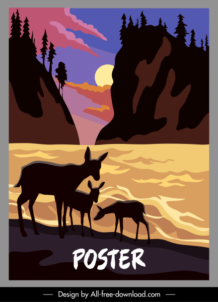 plantilla de póster de naturaleza salvaje boceto de escena de montaña de ciervo