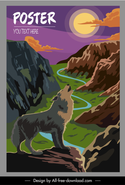 naturaleza salvaje póster lobo montaña boceto diseño clásico