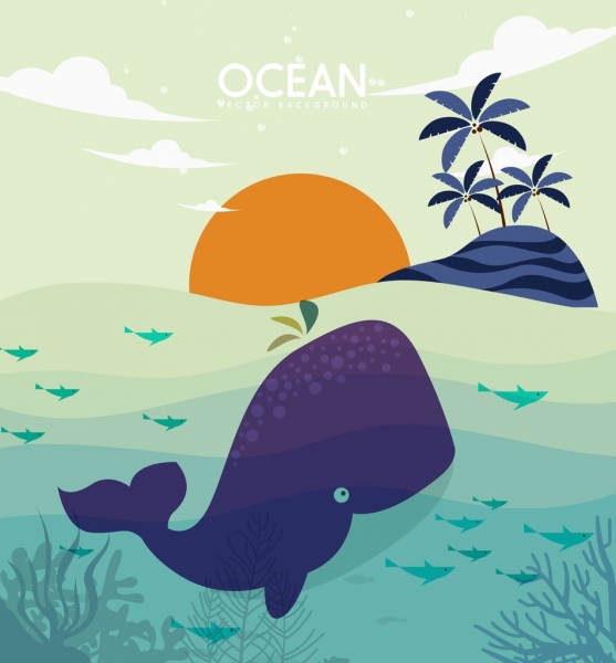 Icone di oceano selvaggio sfondo isola balena