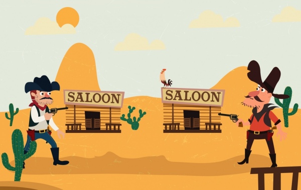 Wild West background Fighting Cowboy iconos de dibujos animados de colores