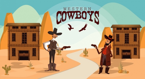 wilden Westen Banner Cowboy Duell farbigen cartoon