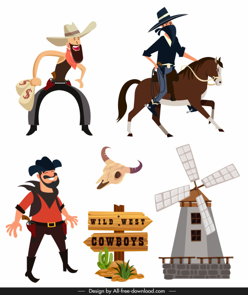 vahşi batı kovboy tasarım öğeleri karikatür tasarımı