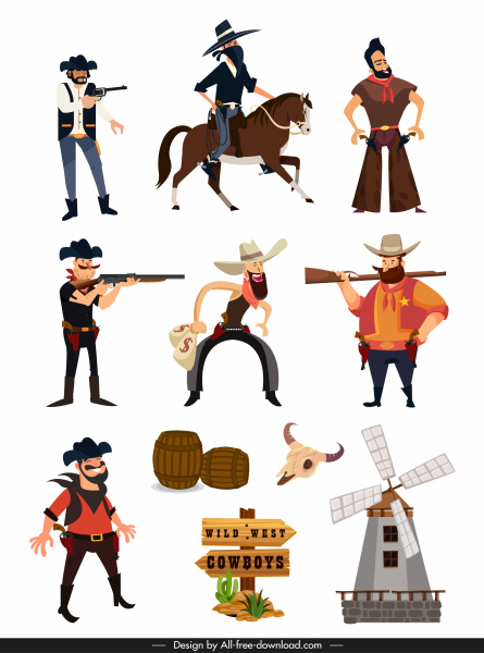 elementos de diseño salvaje oeste personajes de dibujos animados símbolos boceto