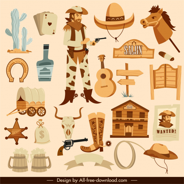 wild west elementos de design retro objetos esboço cowboy