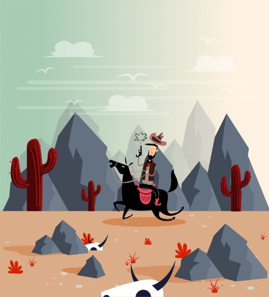 wild west dessin animé icônes colorées cow - boy désert