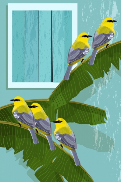 dziki, dziki rysunek z liśćmi bananowca ptak ikon decor.