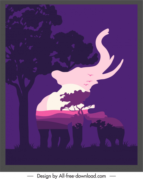 latar belakang hutan belantara gajah kabur siluet dekorasi pemandangan gelap