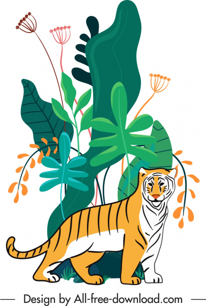 ภาพวาดป่าเสือร่างที่มีสีสัน handdrawn แบน