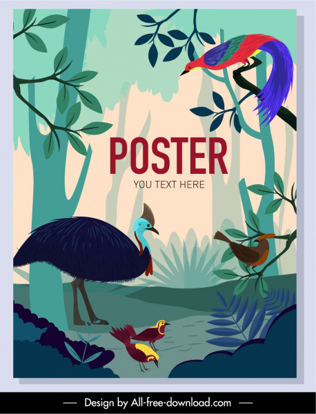 burung poster hutan belantara spesies sketsa dekorasi warna-warni